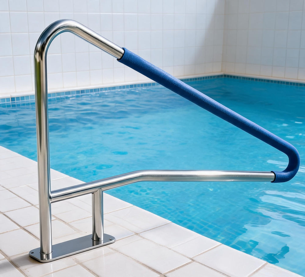 Garvee front view of pool rail showing sturdy stainless finish and safety benefit