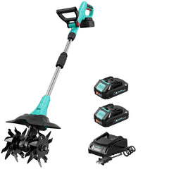 Garvee front view showing tiller body and tines, highlighting portability and compact power