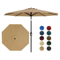 Garvee front view of tan 10ft umbrella showing wide shaded area benefit