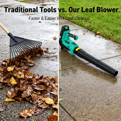 Garvee blower in use clearing driveway leaves, demonstrating powerful debris removal