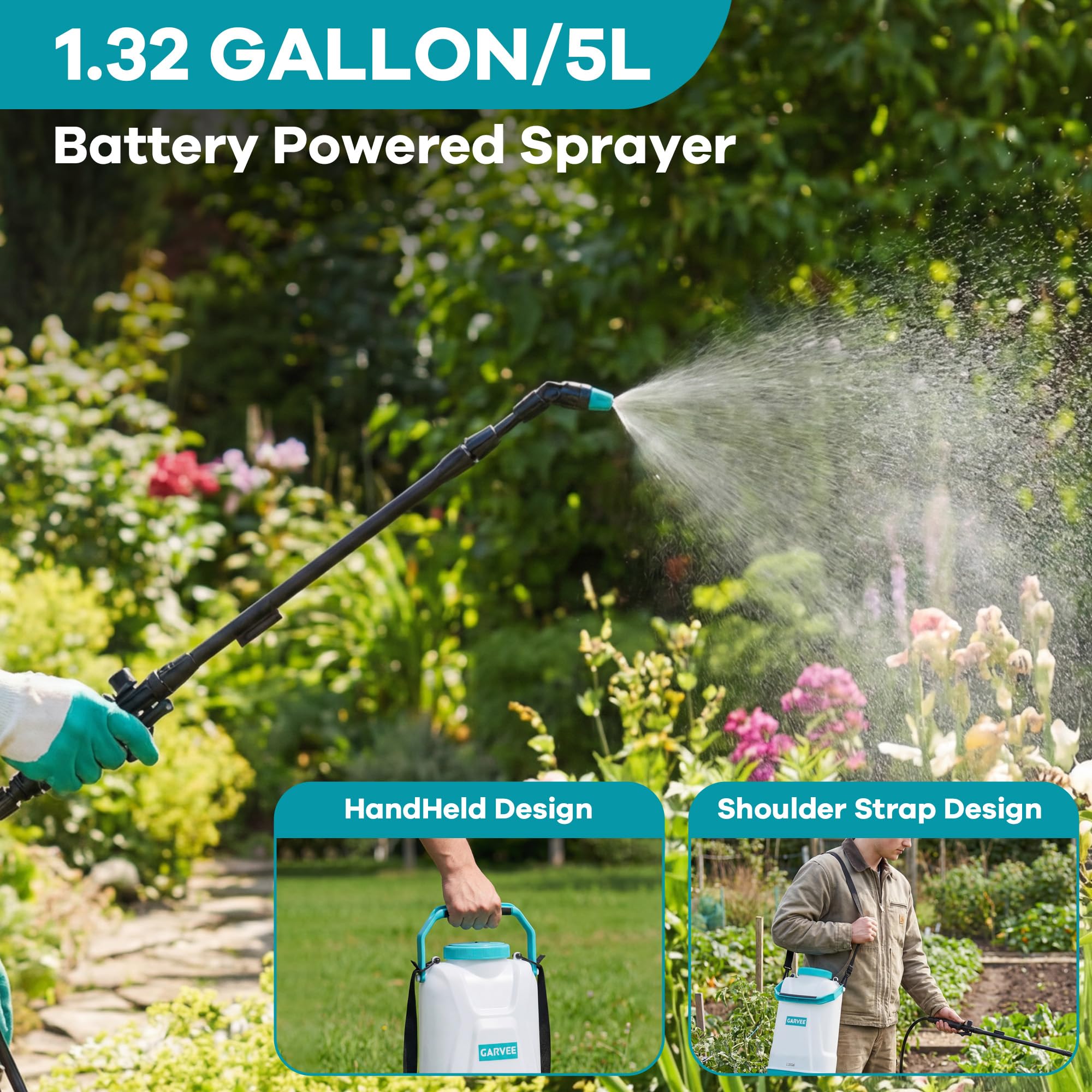 Garvee in use spraying a flower bed for efficient weeding and fertilizing