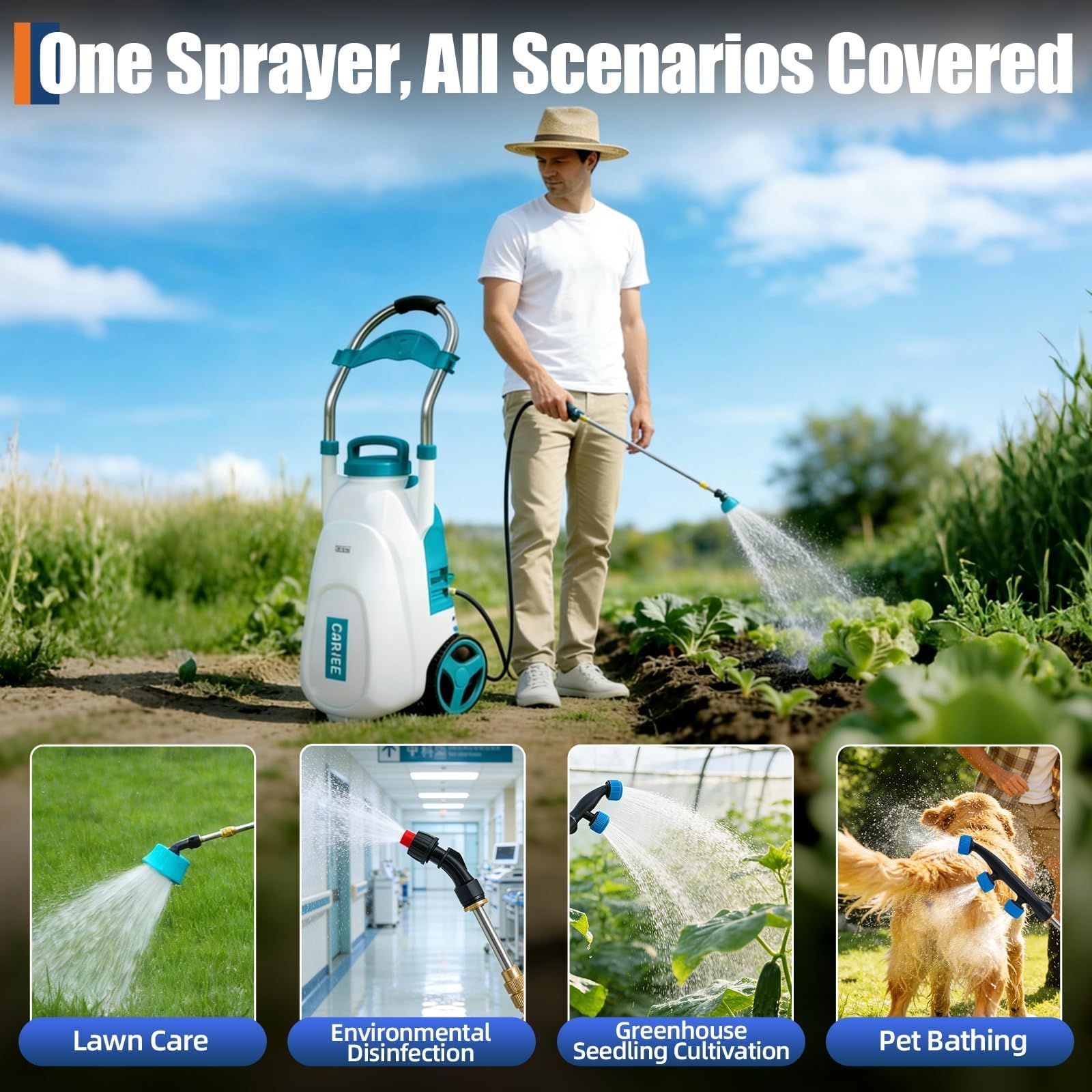 Garvee in use spraying lawn demonstrating cordless convenience and coverage