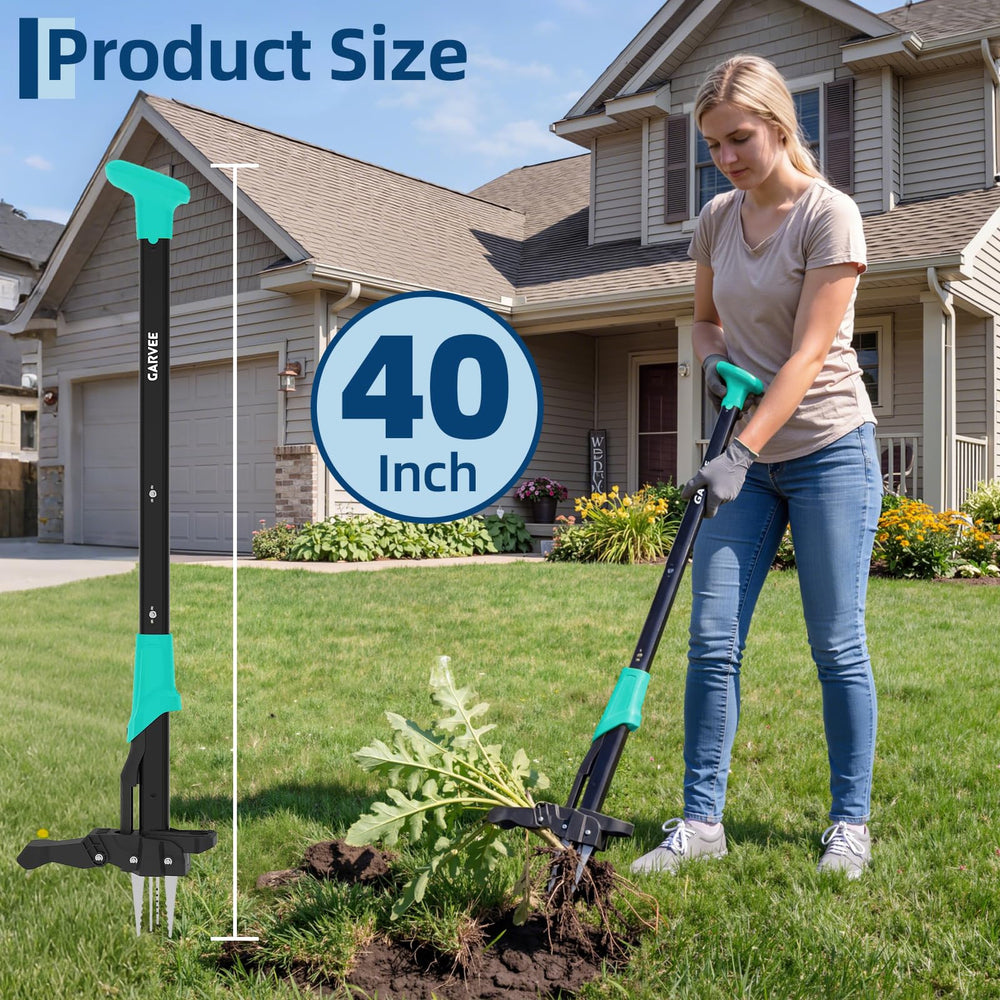 Garvee in use with person standing, illustrating back-friendly weed removal