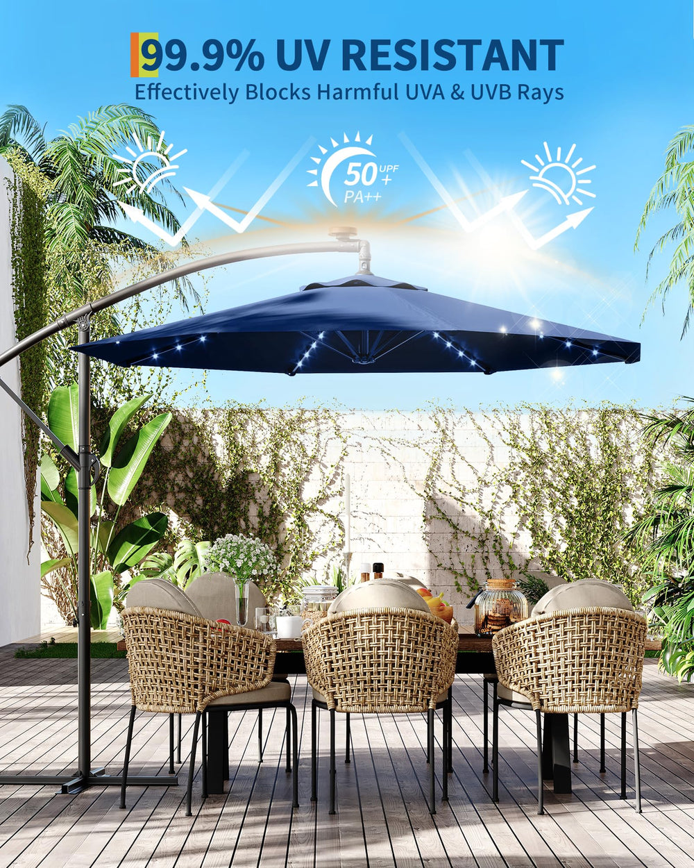 Garvee umbrella LEDs lit at dusk for cozy backyard ambience