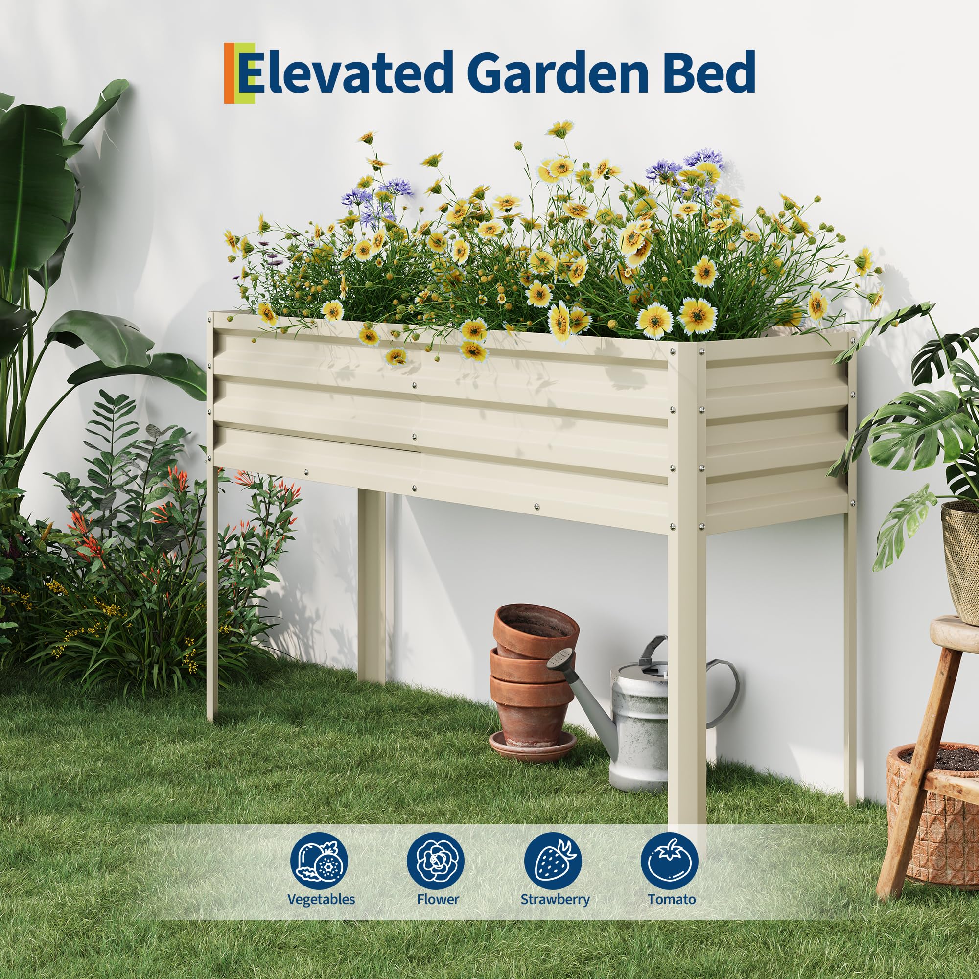 Garvee raised bed next to a ruler showing 32-inch ergonomic height for comfortable standing work