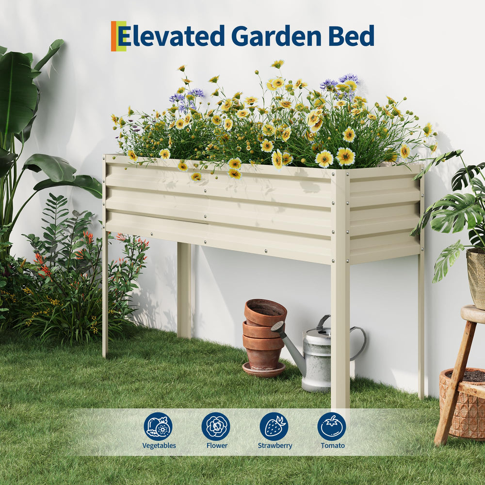 Garvee raised bed next to a ruler showing 32-inch ergonomic height for comfortable standing work