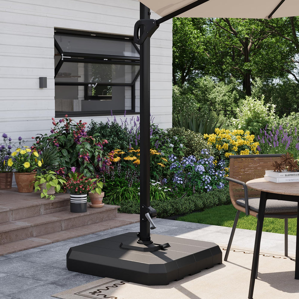 Garvee lifestyle patio setting with base under umbrella offering stable shaded seating