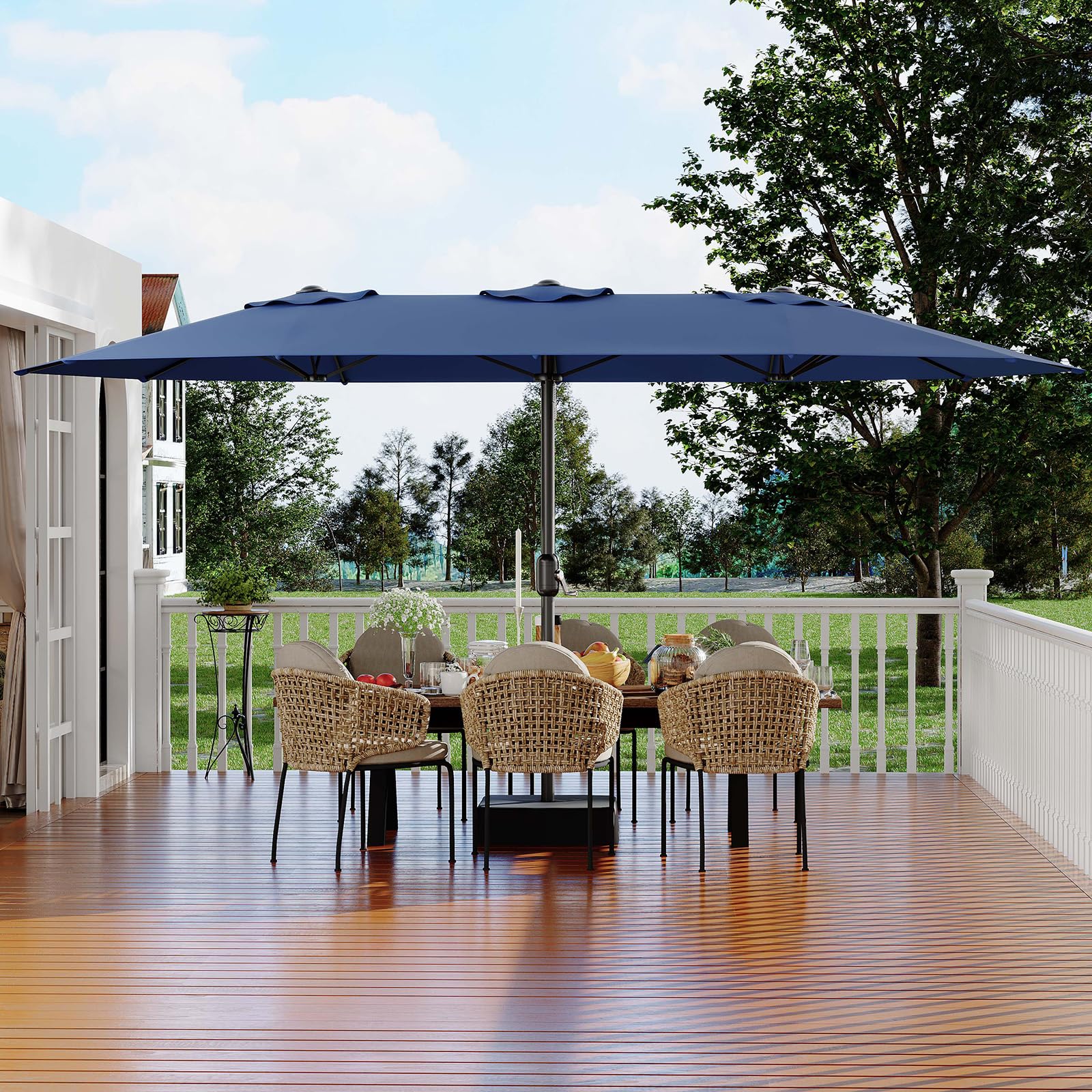 Garvee poolside scene showing umbrella providing cool shaded seating and comfort benefit