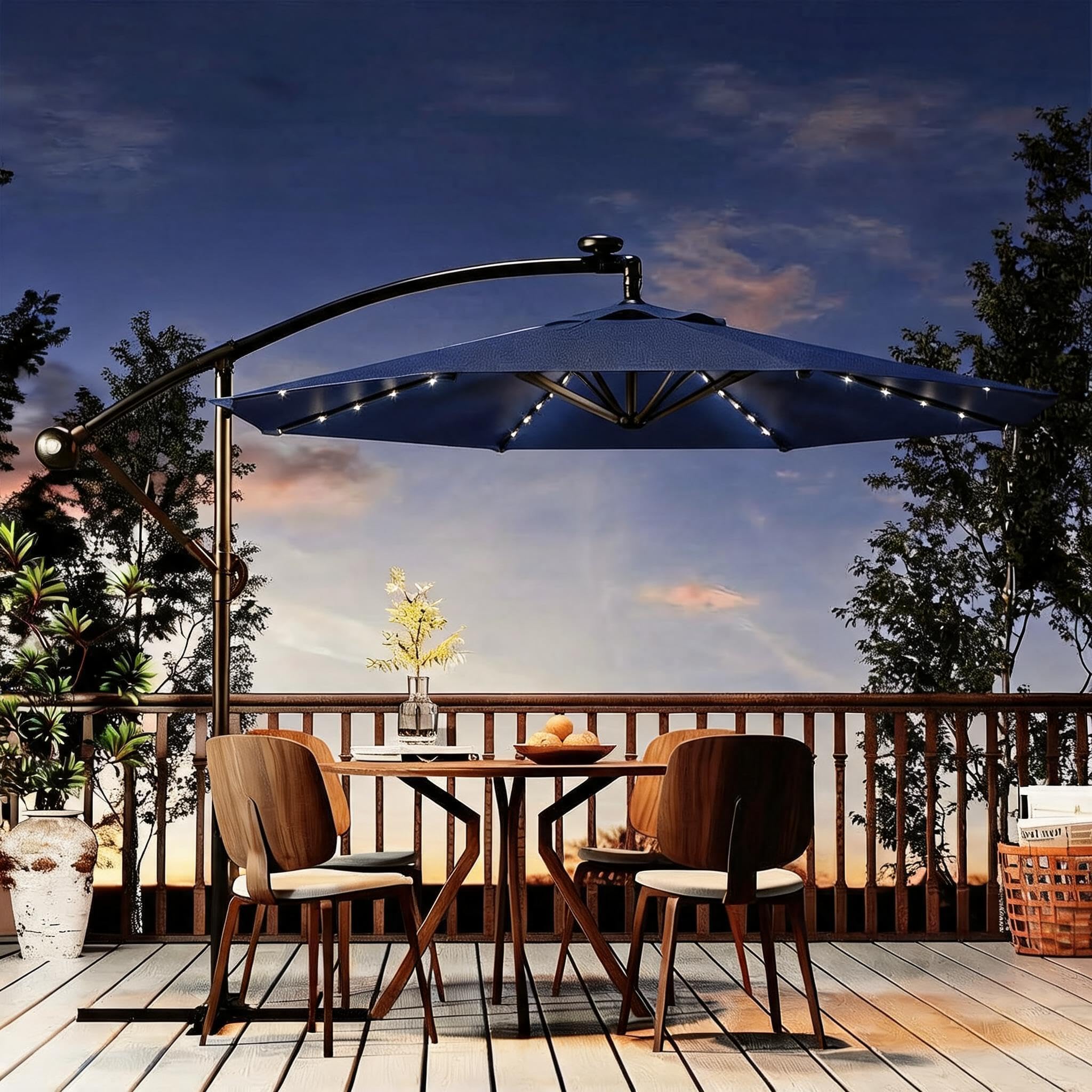 Garvee navy offset umbrella front view showing wide shaded area and elegant design