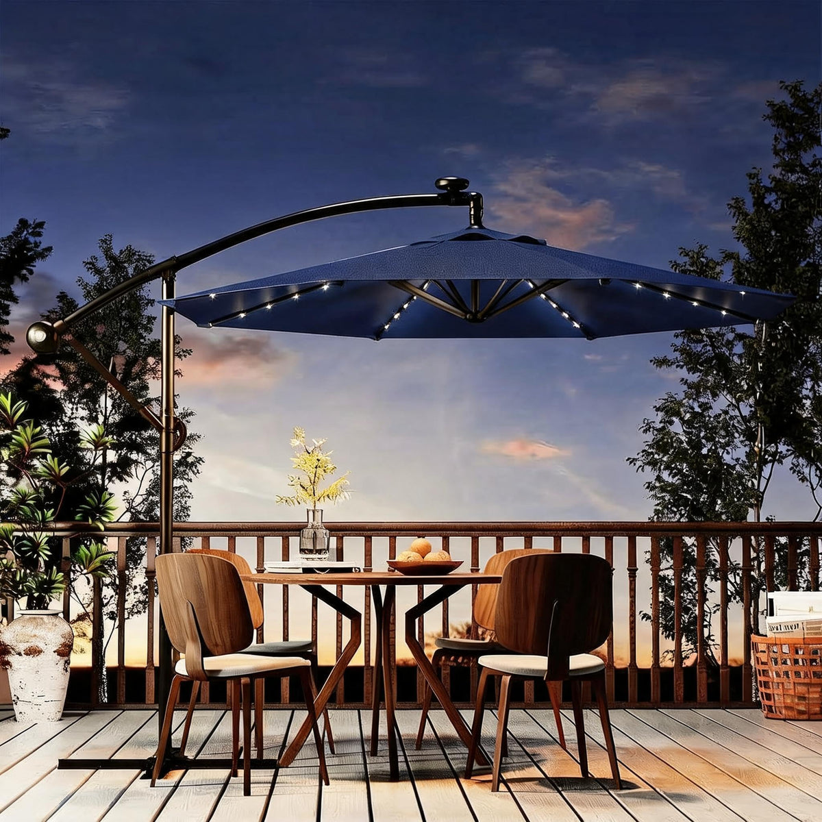 Garvee navy offset umbrella front view showing wide shaded area and elegant design