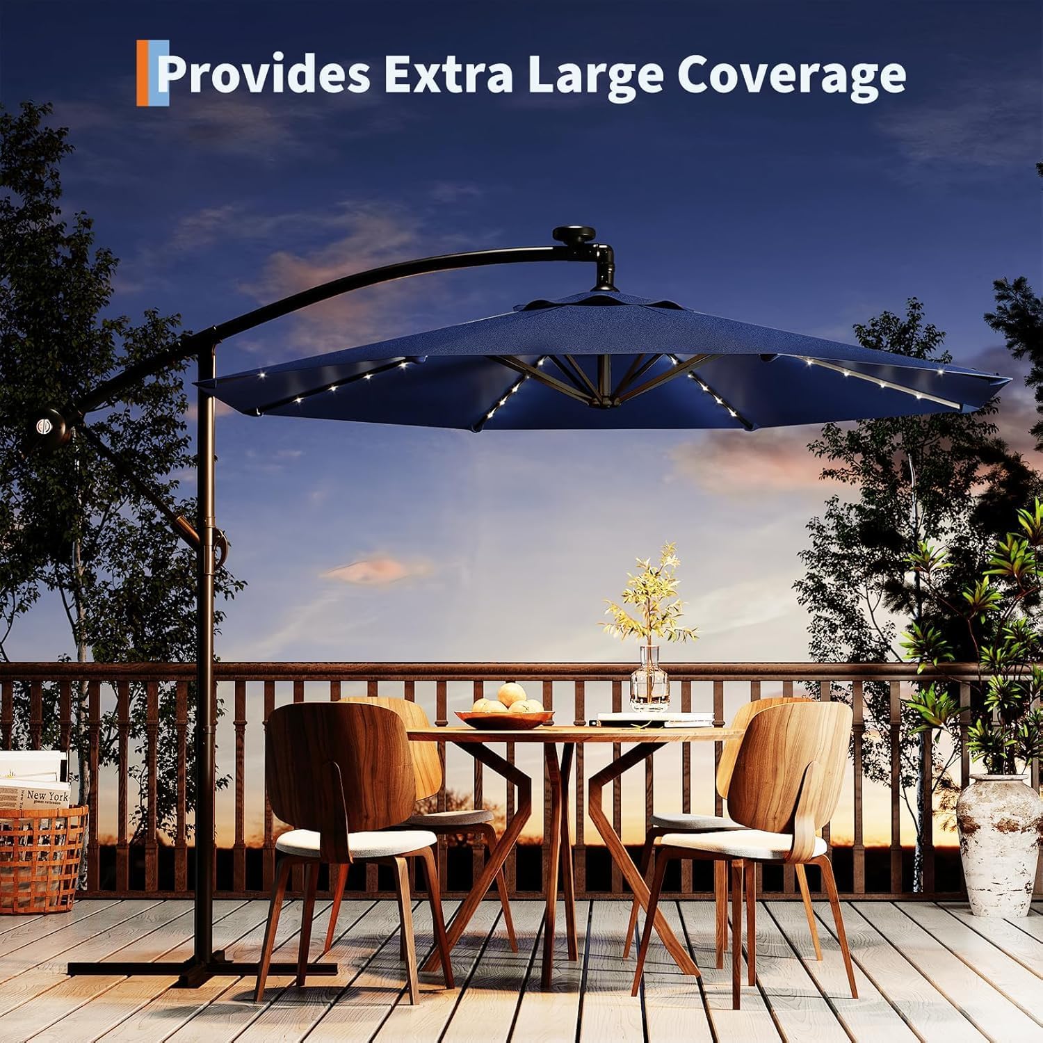 Garvee umbrella in a patio lifestyle scene demonstrating shaded dining use