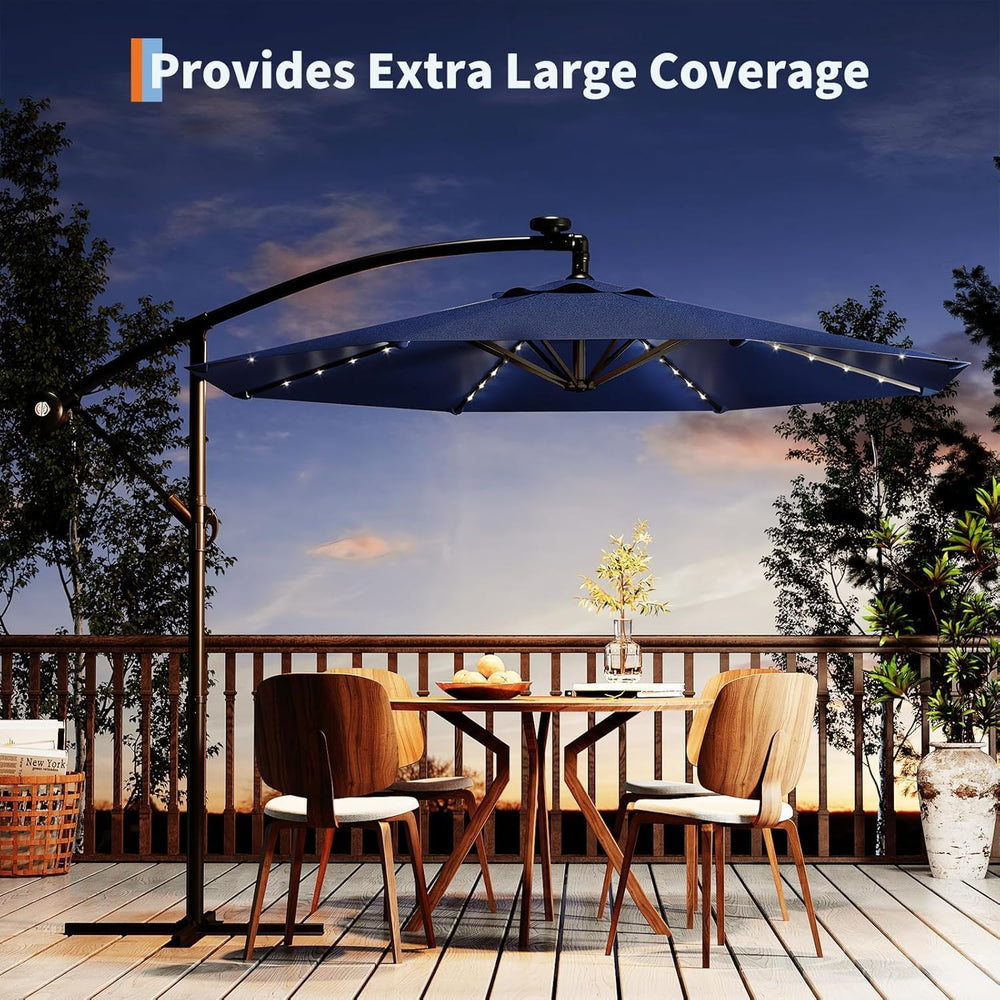 Garvee umbrella in a patio lifestyle scene demonstrating shaded dining use