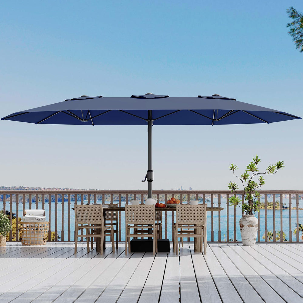 Garvee rectangular patio umbrella front view showing full navy canopy and coverage benefit