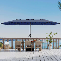Garvee rectangular patio umbrella front view showing full navy canopy and coverage benefit