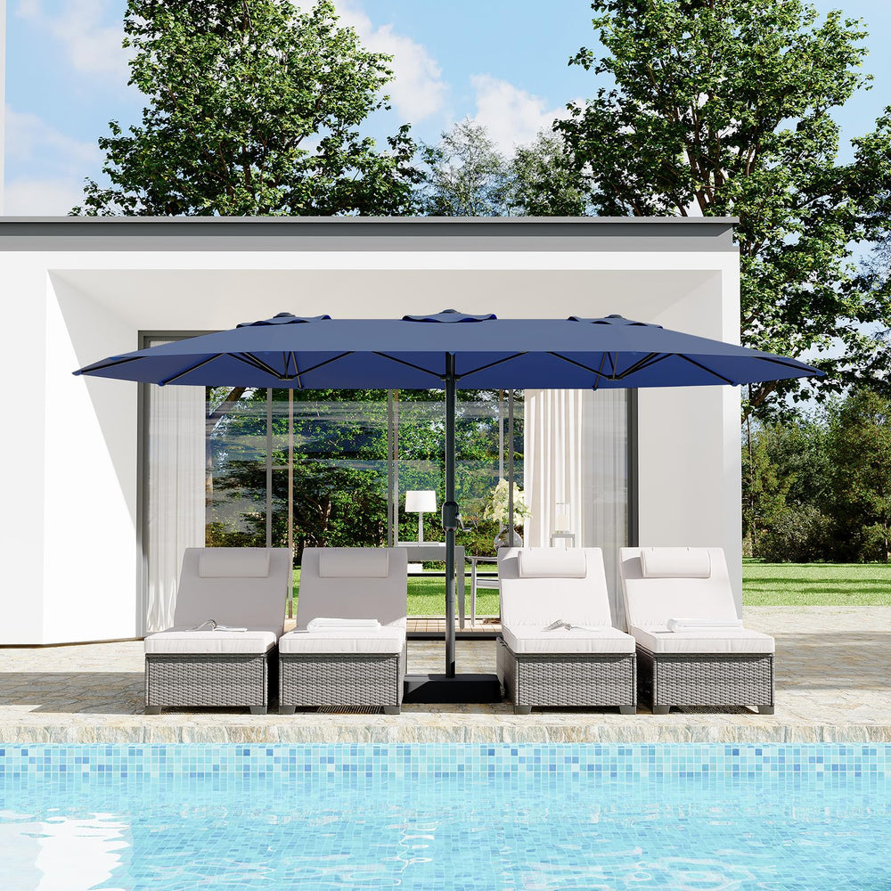 Garvee umbrella next to dining table showing size comparison and large-area shading benefit