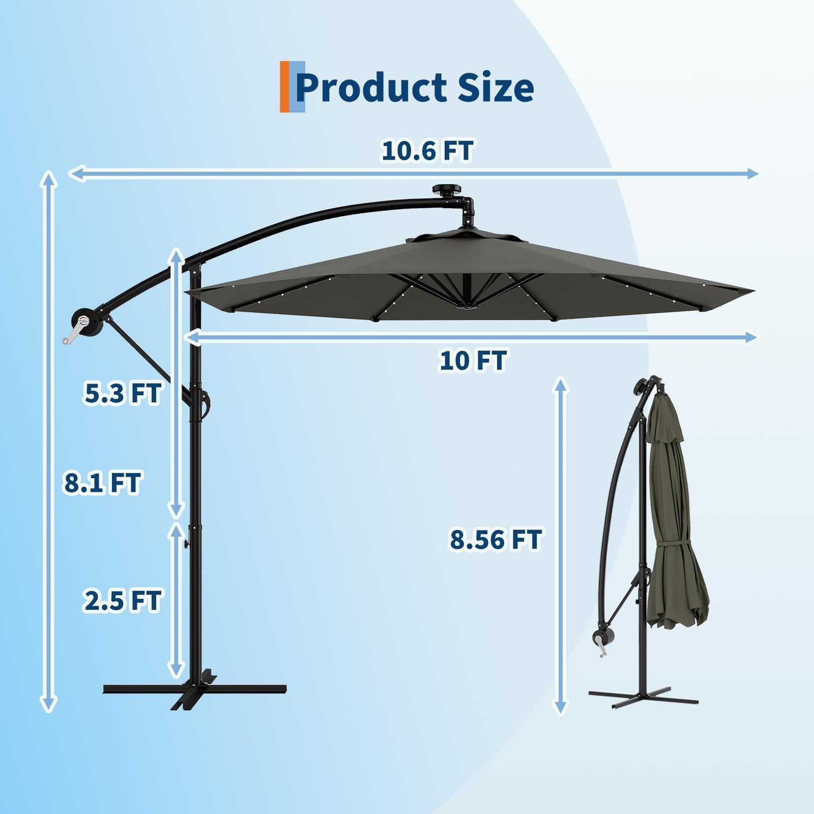 Garvee umbrella next to lounge chairs showing size and coverage scale