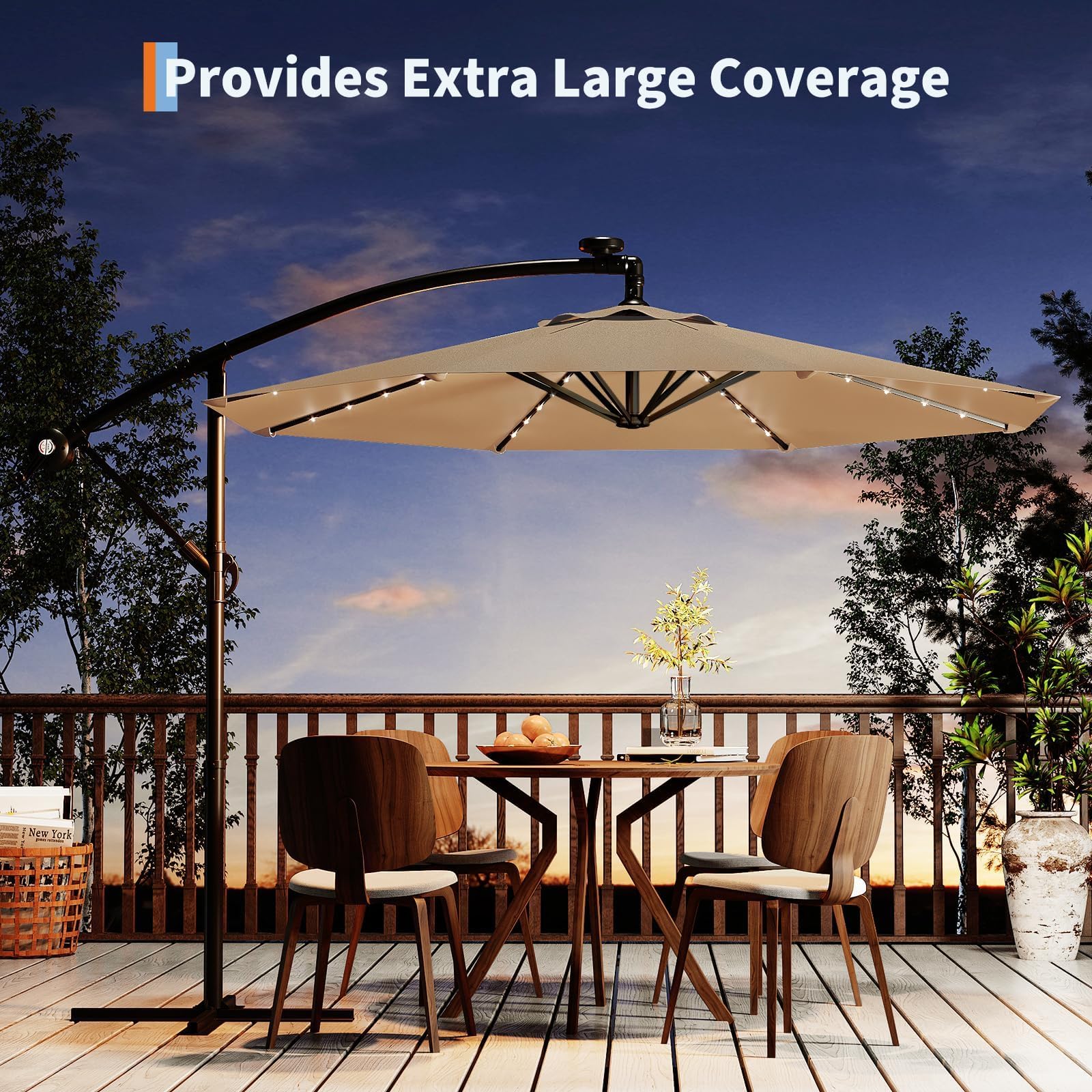 Garvee umbrella next to patio table showing space-saving cantilever benefit