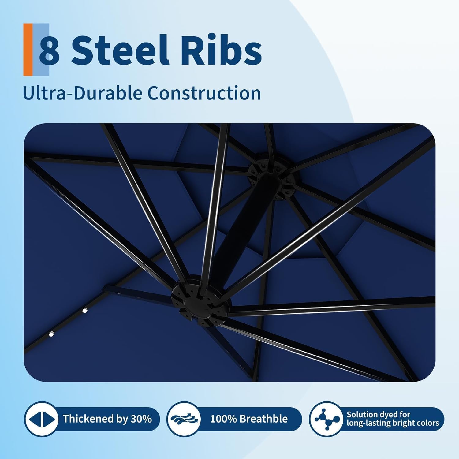 Garvee umbrella next to dining set demonstrating unobstructed usable space