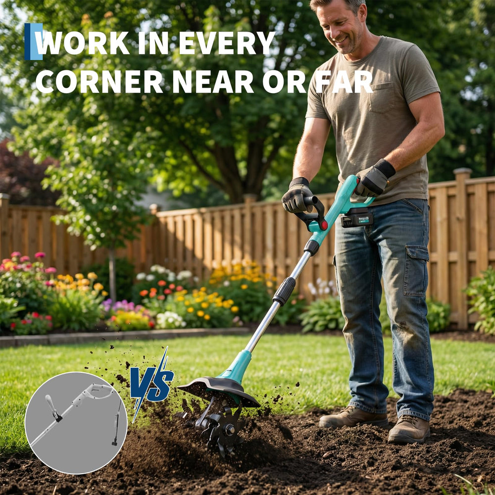Garvee next to a gardener's hand for scale, illustrating lightweight design and maneuverability