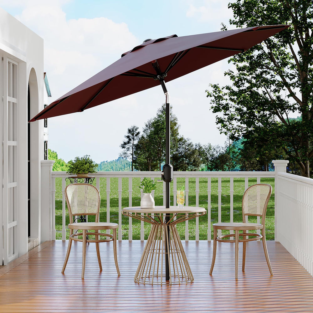 Garvee umbrella beside patio table showing size and scale benefit