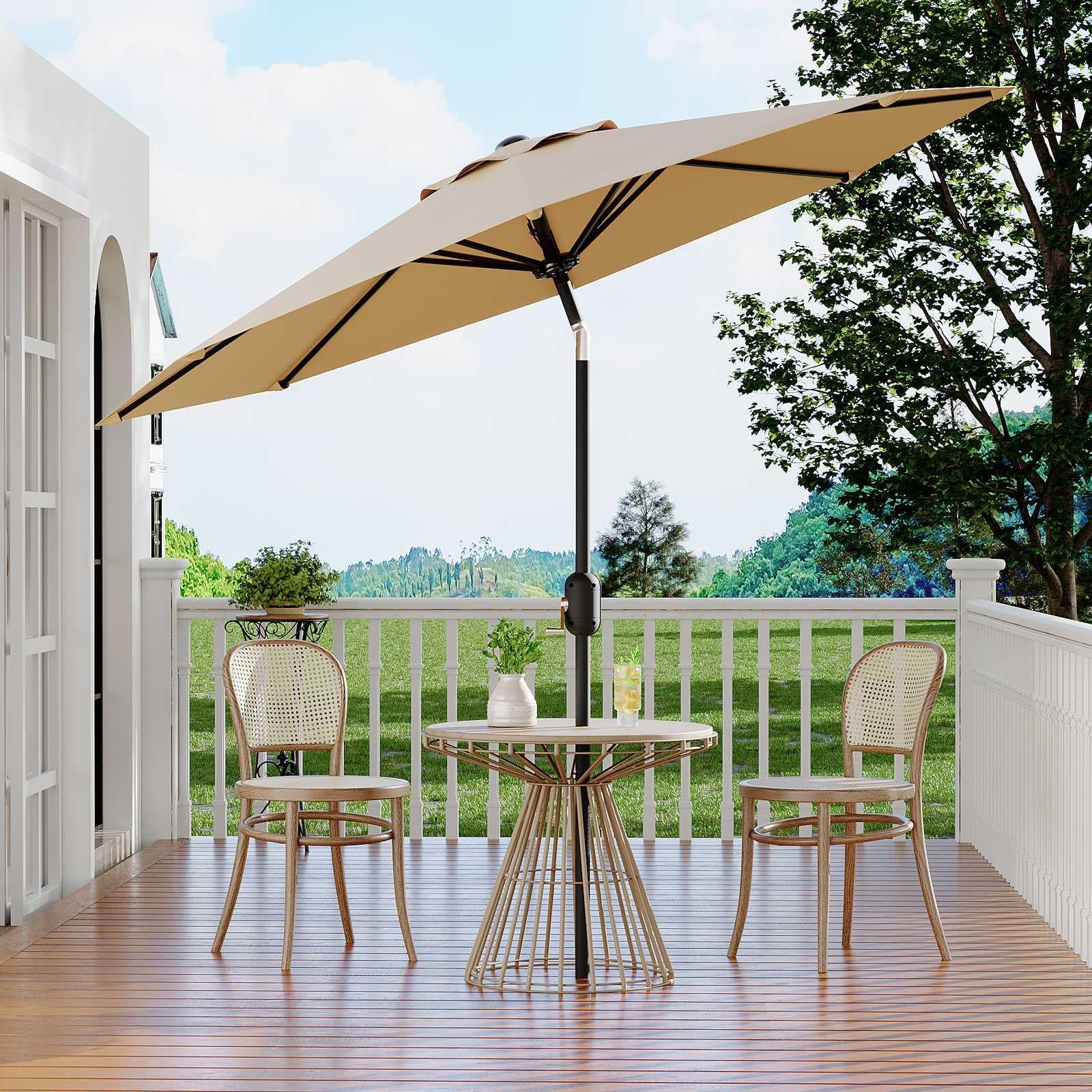 Garvee umbrella beside chair and table showing true 10ft coverage benefit