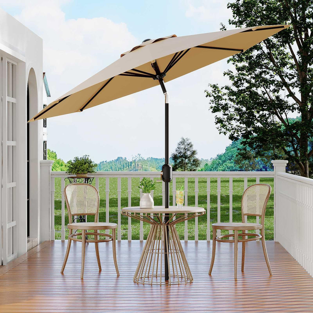 Garvee umbrella beside chair and table showing true 10ft coverage benefit