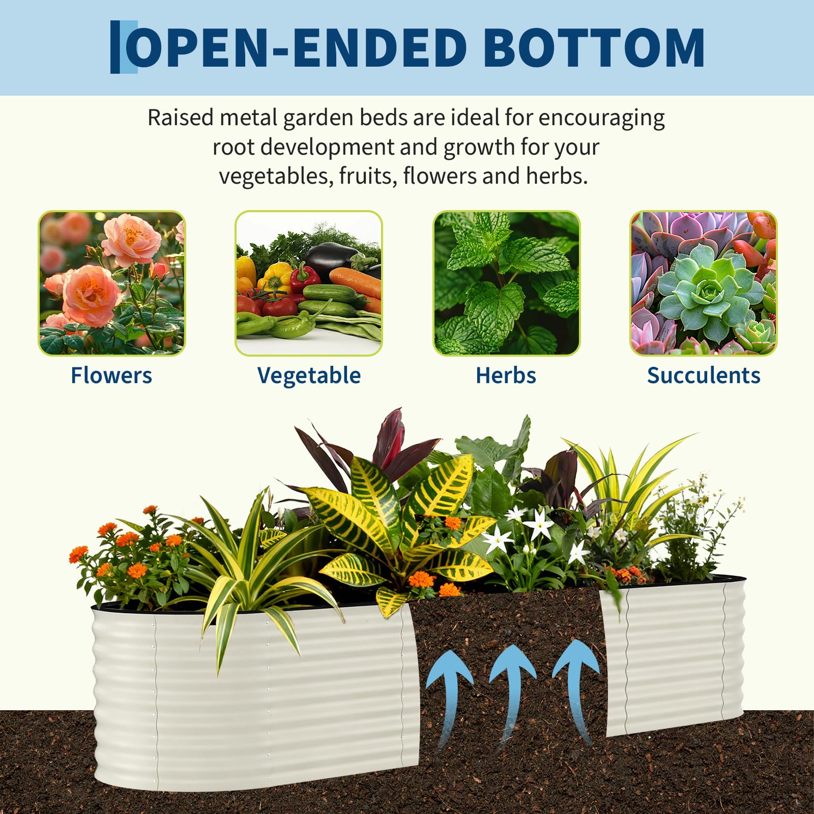 Garvee planter filled with soil and vegetables demonstrating deep-root support and yields