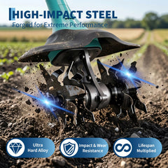 Garvee close-up of four steel tines, showing durable construction for efficient soil turning