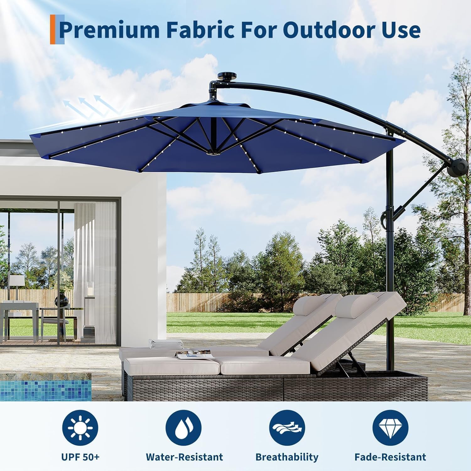 Garvee umbrella by poolside showing shade and outdoor relaxation benefit