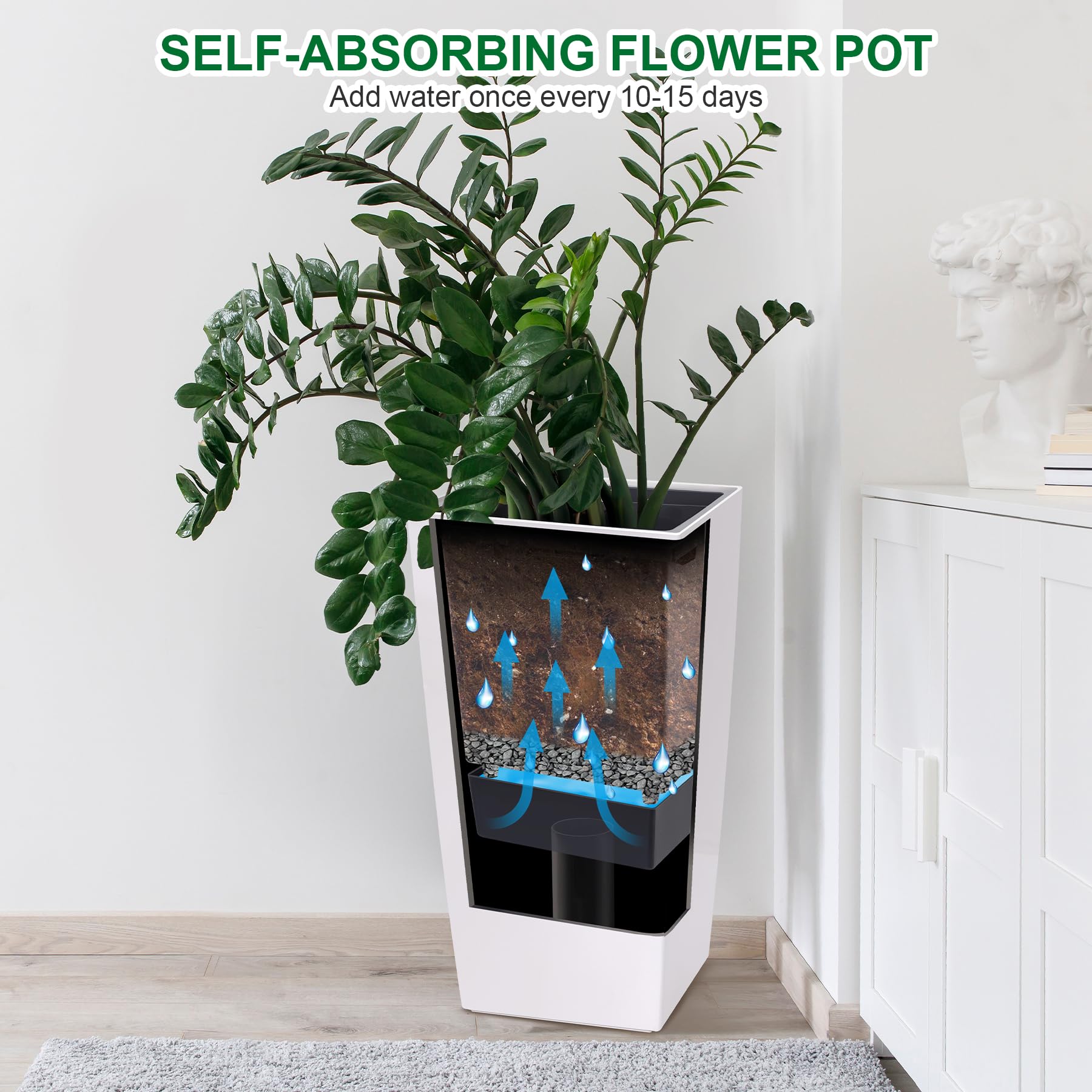 Garvee detail of separate water inlet, simplifies refilling without disturbing plants