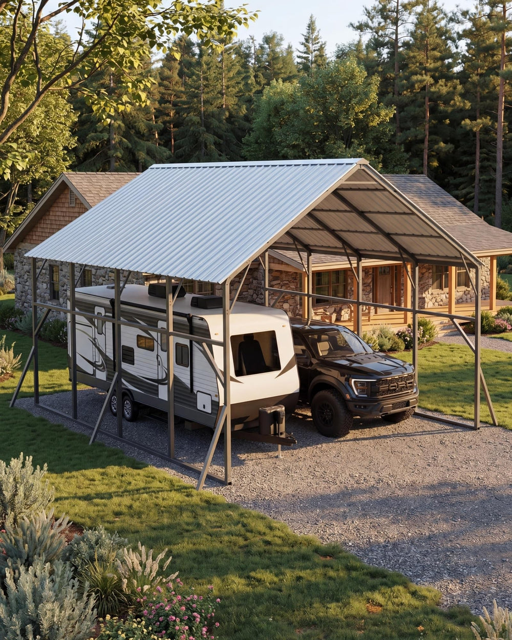 GarveeLife front view of 20x20 carport showing covered parking benefit