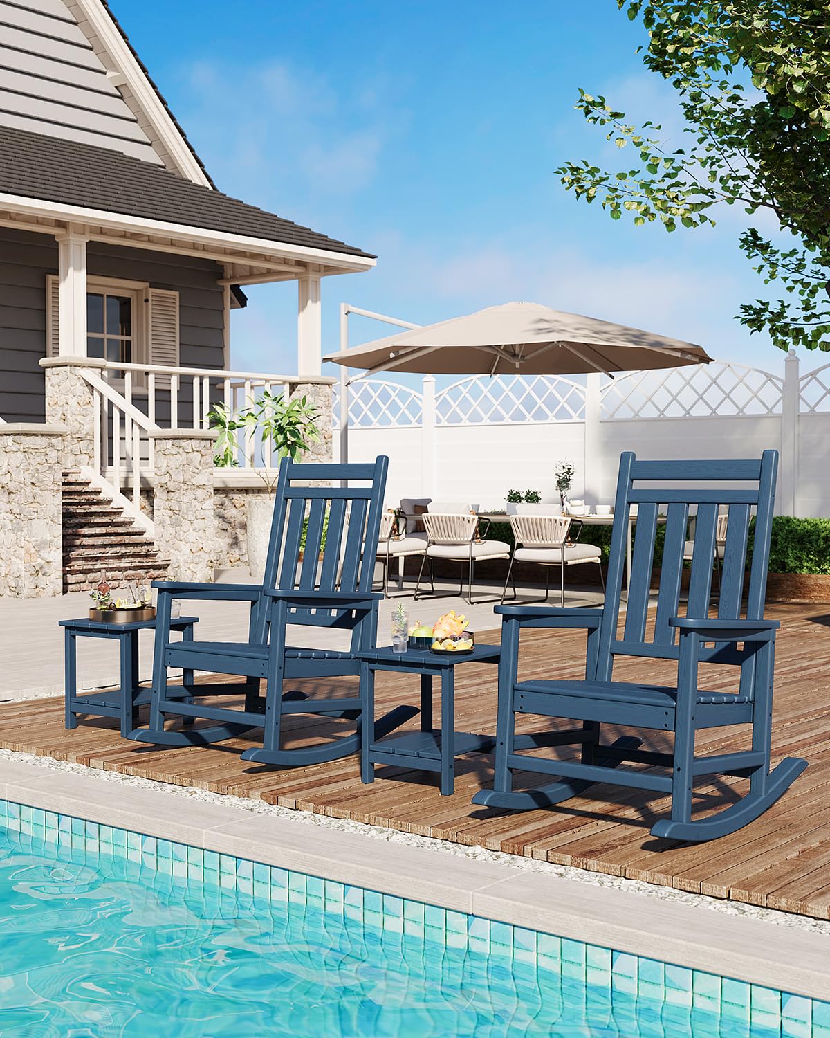 GarveeLife lifestyle patio scene with two tables showing cohesive styling and outdoor-ready benefit