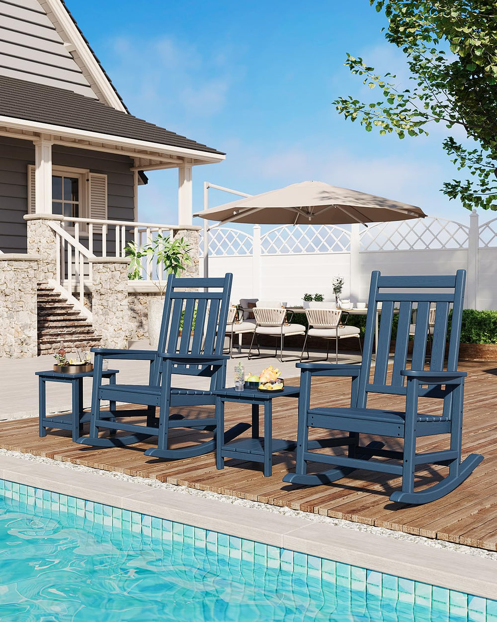 GarveeLife lifestyle patio scene with two tables showing cohesive styling and outdoor-ready benefit
