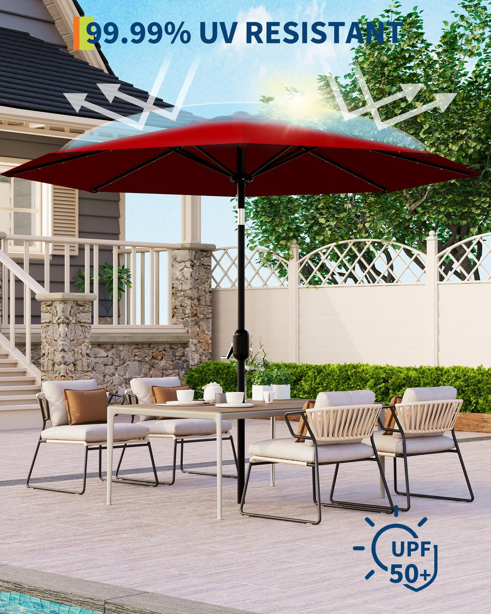 GarveeLife umbrella over outdoor table with people enjoying shaded dining comfort