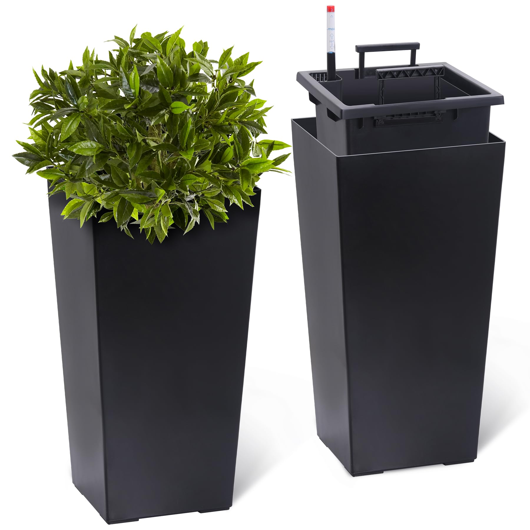 GarveeLife front view of two black tall planters showing modern silhouette and curb appeal