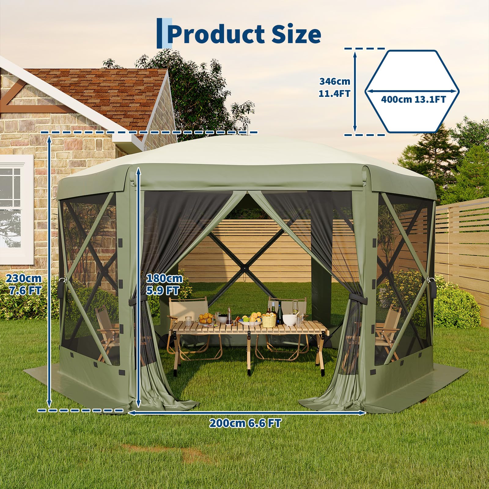 GarveeLife size comparison with people showing spacious 112 sq ft coverage