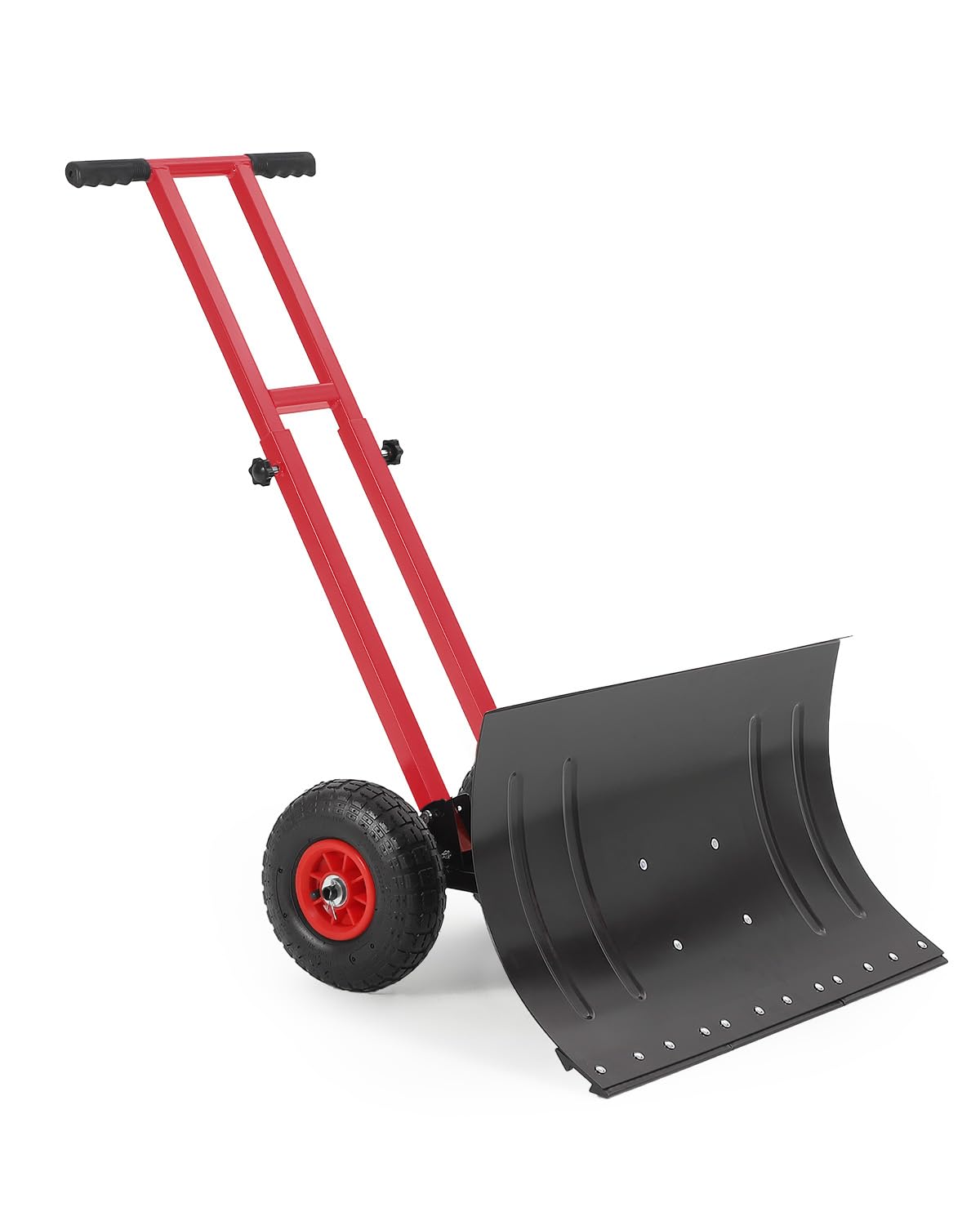 GarveeTech front view of rolling snow shovel showing wide blade and wheels for faster clearing