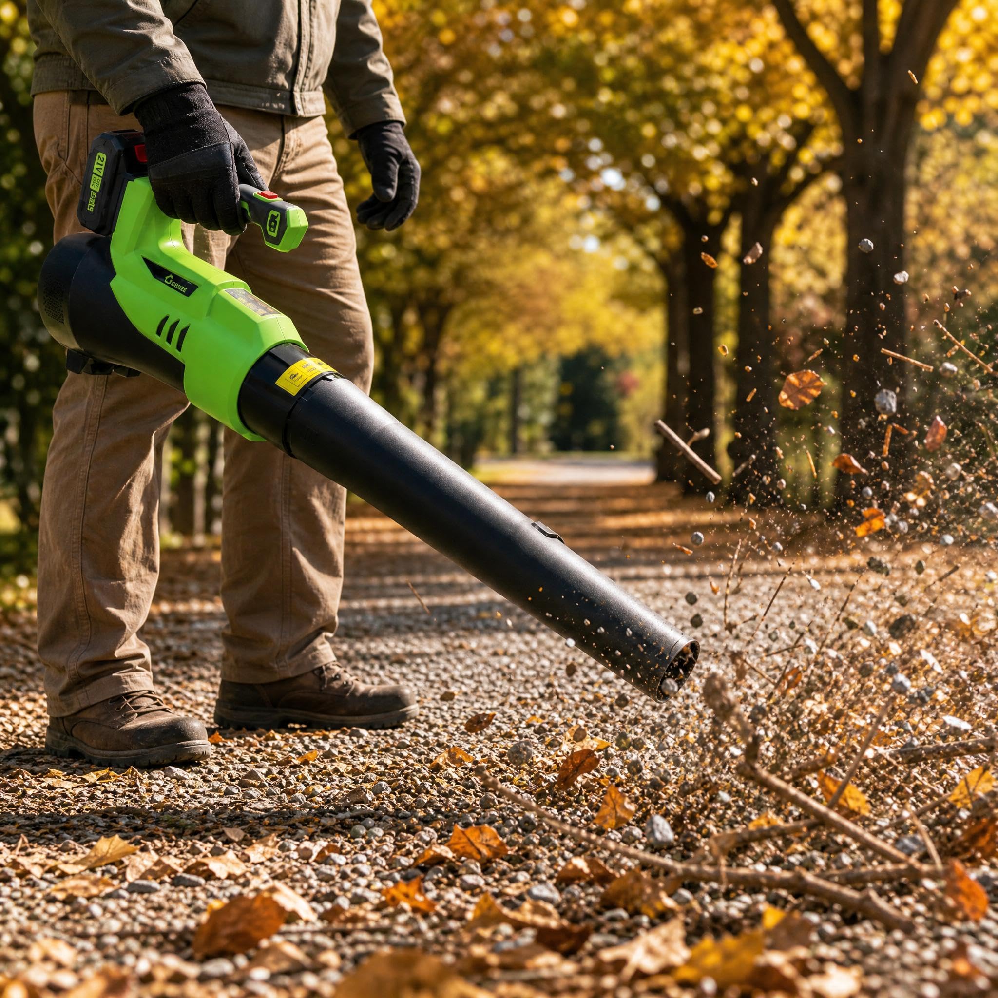 GarveeTech blowing leaves on patio demonstrating easy yard cleanup