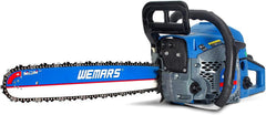 GARWINNER front view showing 62cc saw and 20-inch bar, clear ergonomics