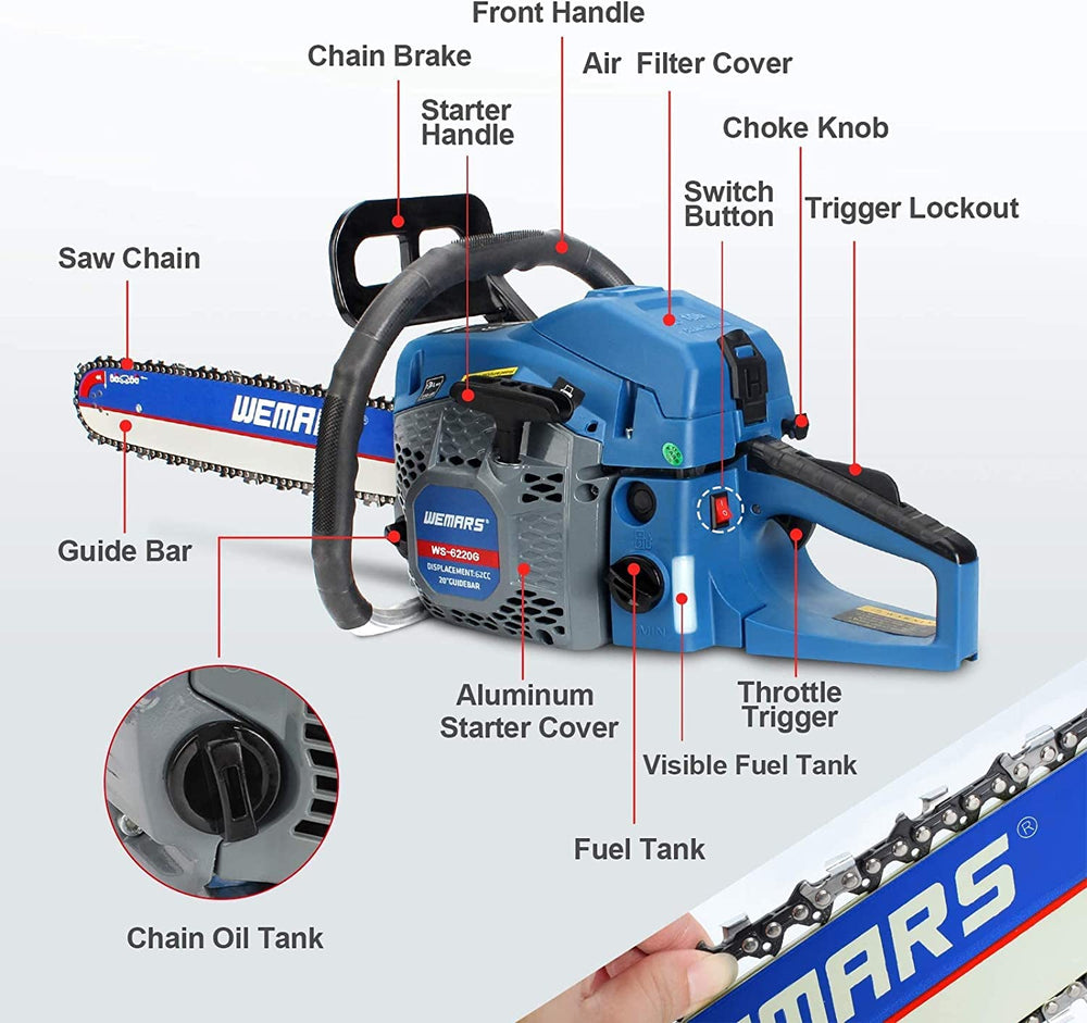 GARWINNER chainsaw beside log showing 20-inch bar scale for larger cuts