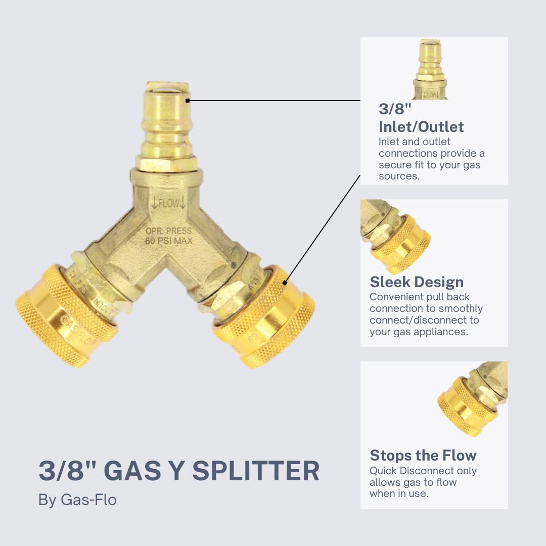 Gas-Flo splitter in patio scene powering grill and heater for flexible outdoor setup