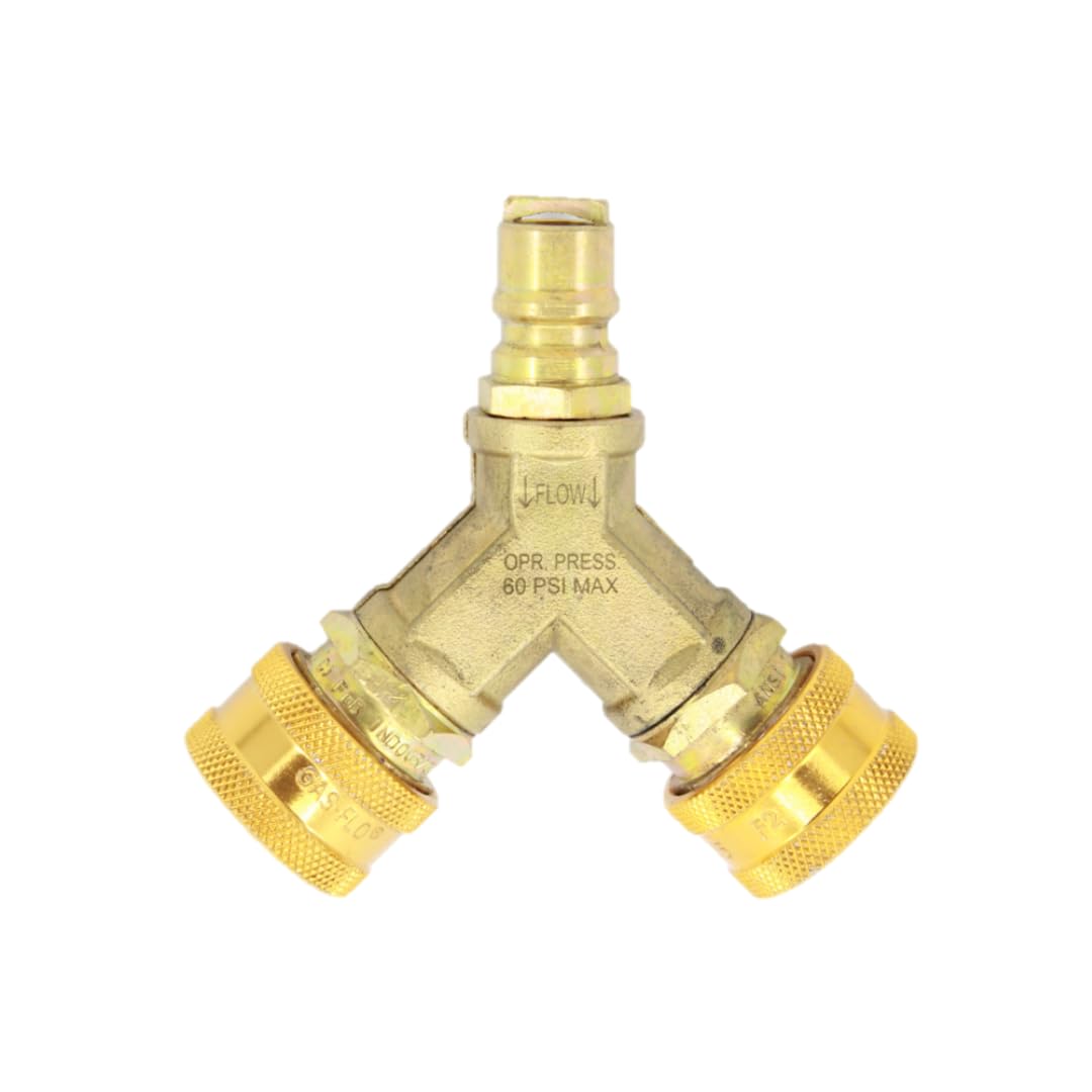 Gas-Flo Y splitter front view showing brass body and dual outlets for adding an appliance