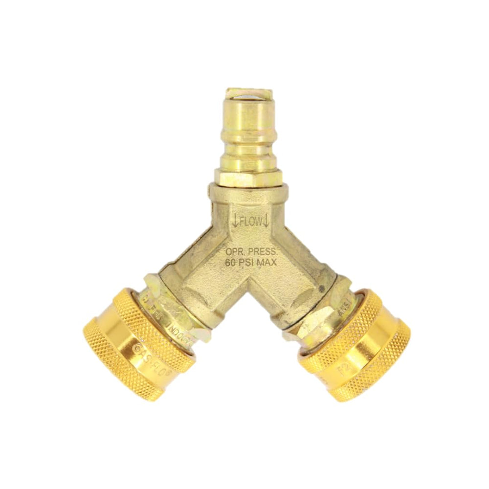 Gas-Flo Y splitter front view showing brass body and dual outlets for adding an appliance