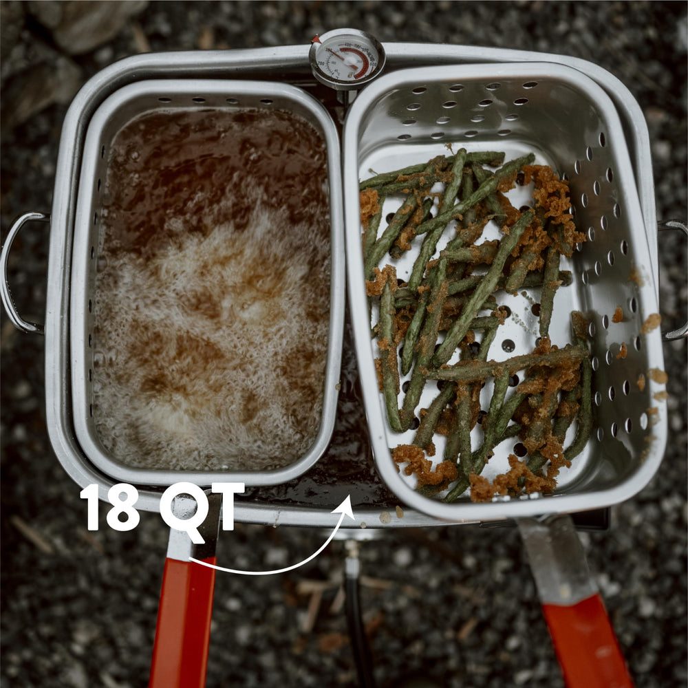 Gas One baskets filled with fried food demonstrating faster dual-batch cooking