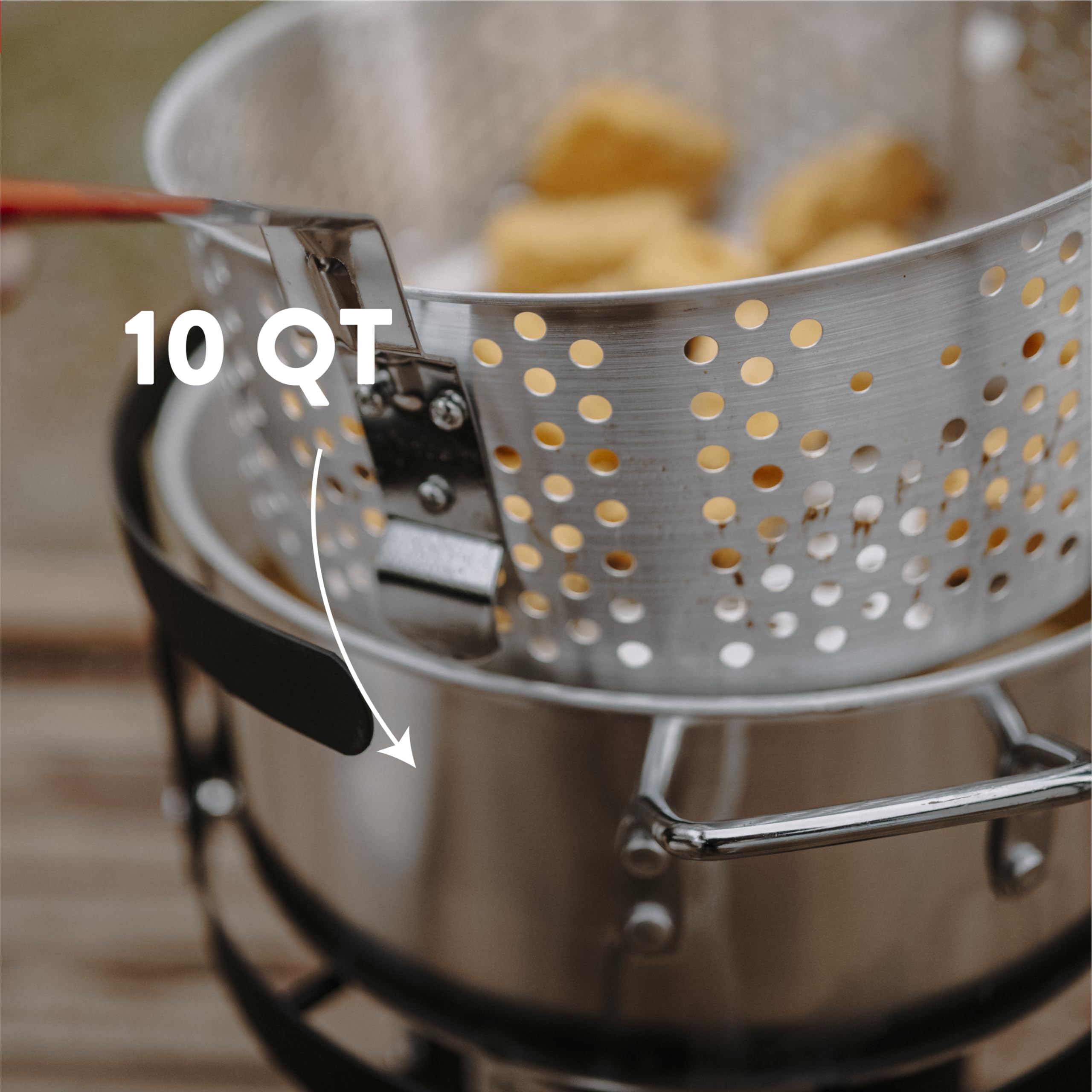 Gas One strainer basket with 5-inch thermometer showing control and safer frying benefit