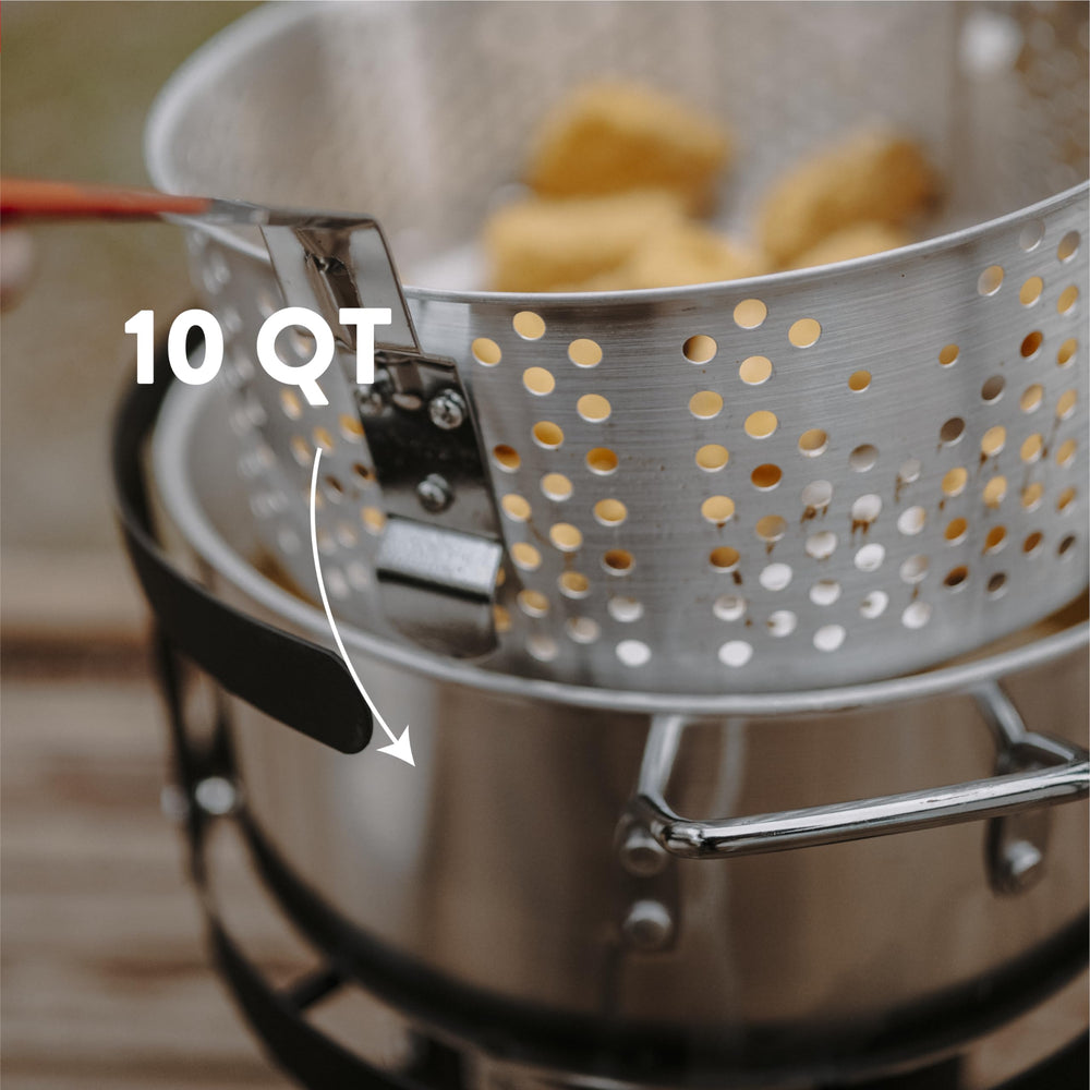 Gas One strainer basket with 5-inch thermometer showing control and safer frying benefit