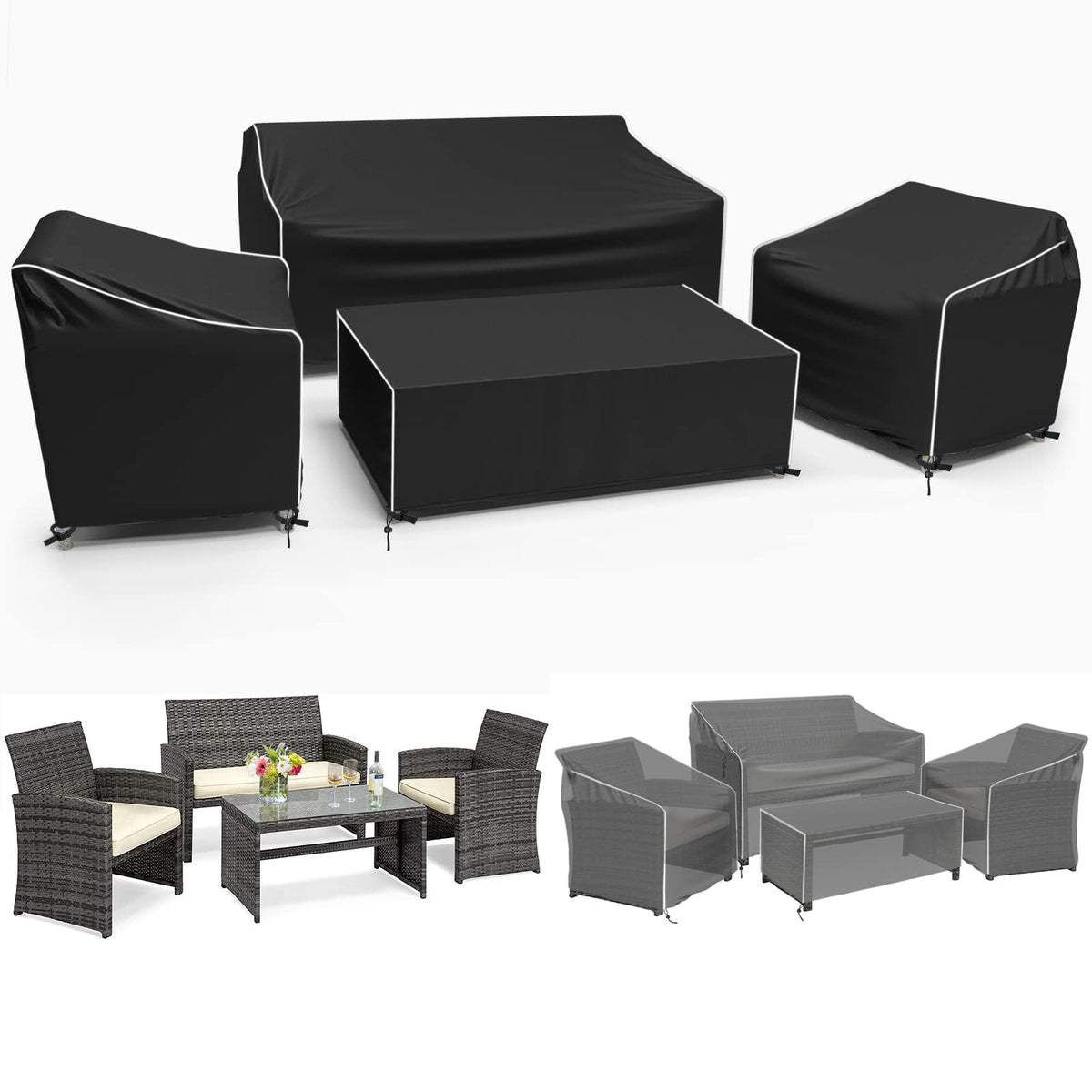 Gasadar front view of the full four-piece patio cover set protecting furniture