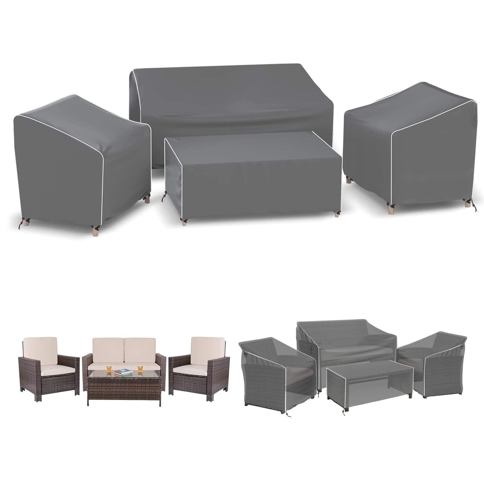 Gasadar front view of grey 4-piece cover set protecting patio furniture