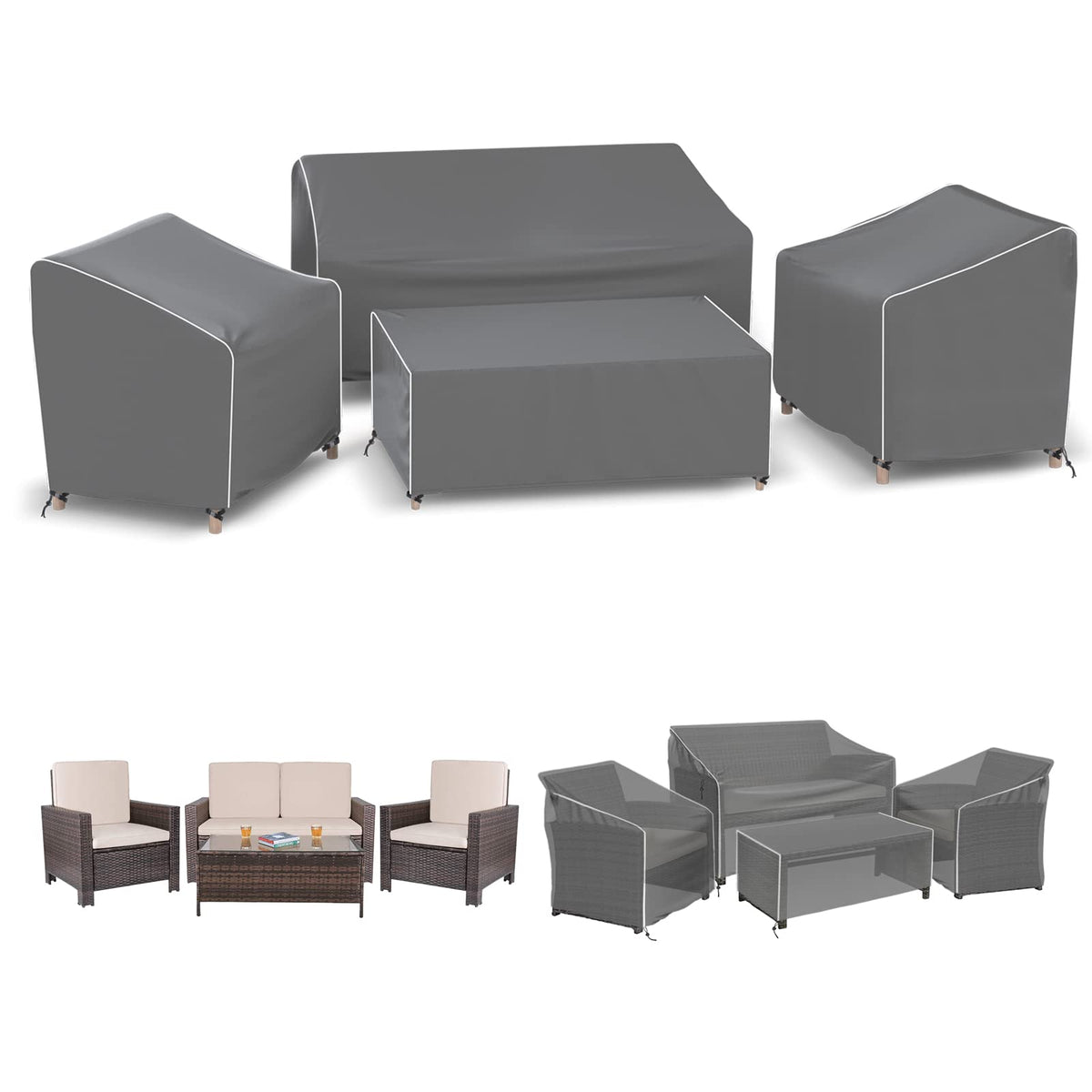 Gasadar front view of grey 4-piece cover set protecting patio furniture