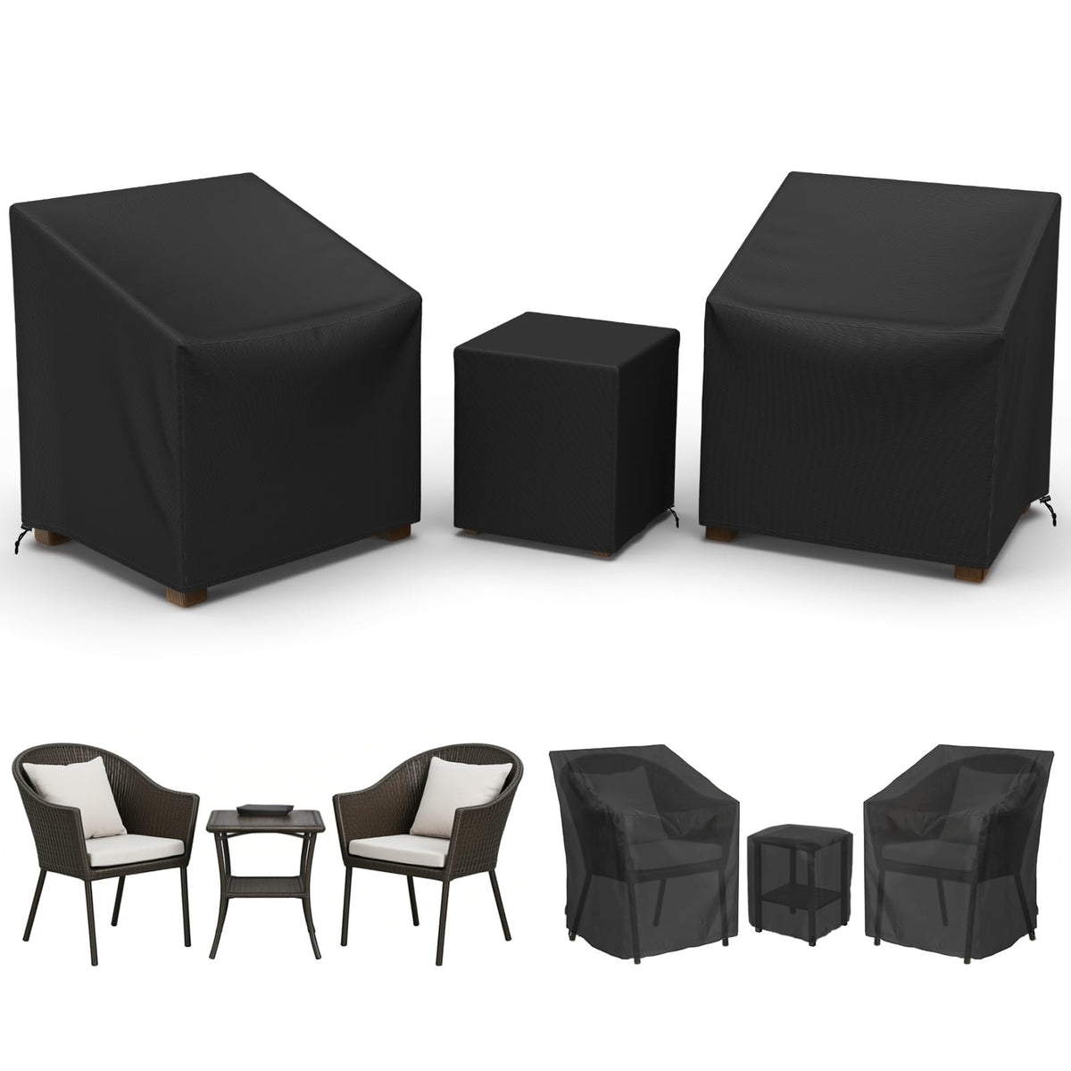 Gasadar front view showing covers fitted on chairs and table, protects from rain